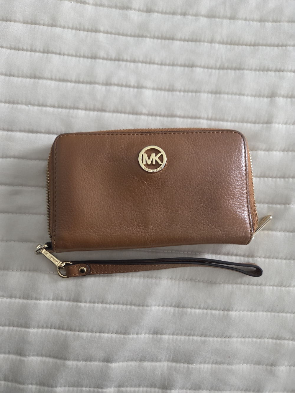 Michael Kors Cognac Leather Wristlet/Wallet with Gold MK Emblem